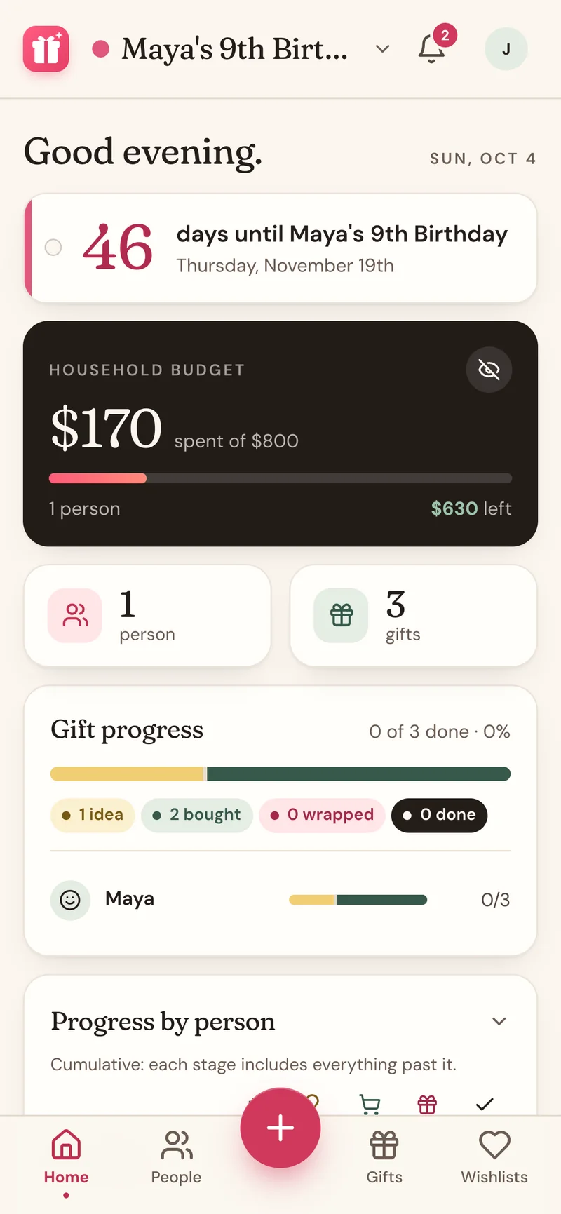 Wishpile home screen for a birthday list: countdown, household budget, and gift progress