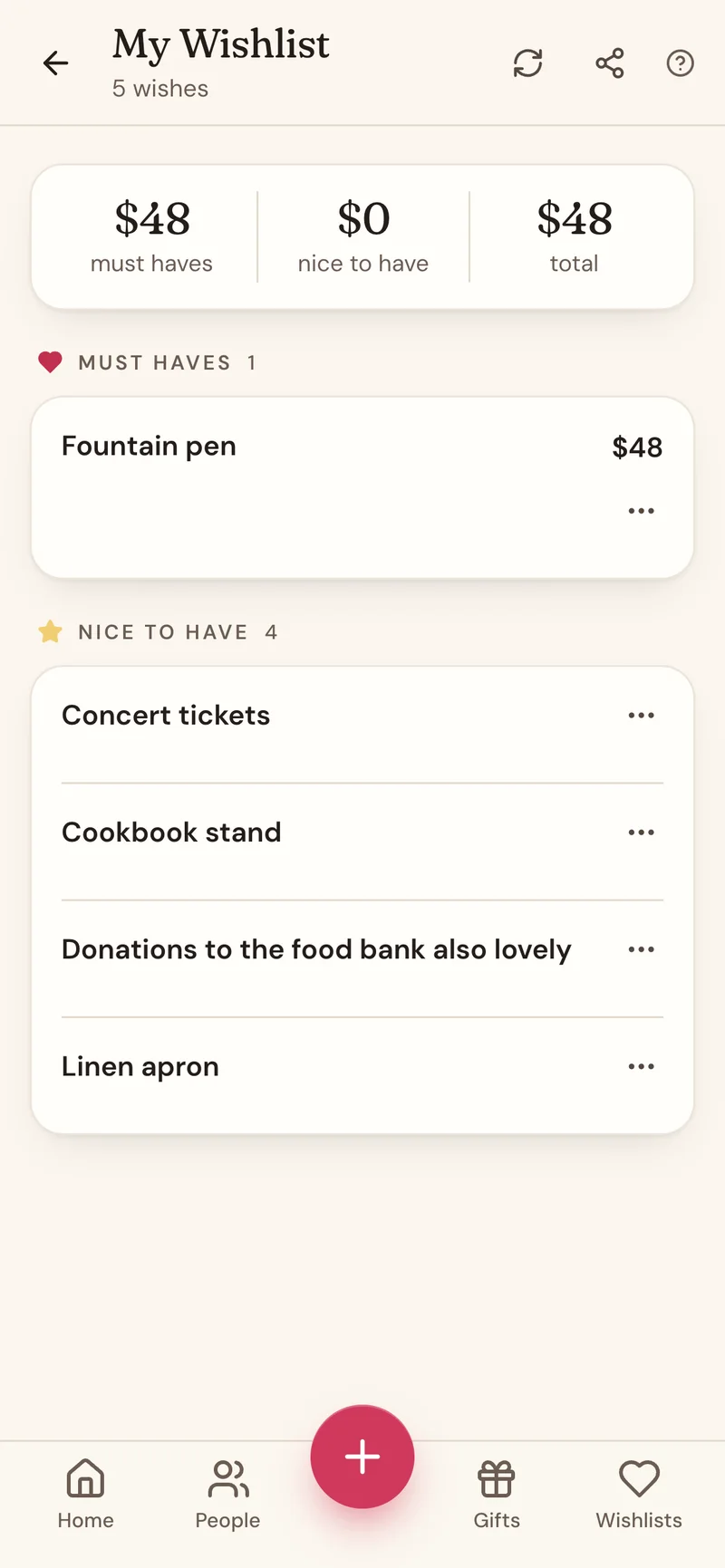 Your own wishlist in Wishpile: must-haves and nice-to-haves with a budget summary