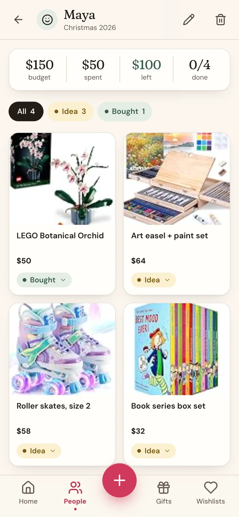 Maya's gifts as a photo board: each gift with its picture, price, store, and status