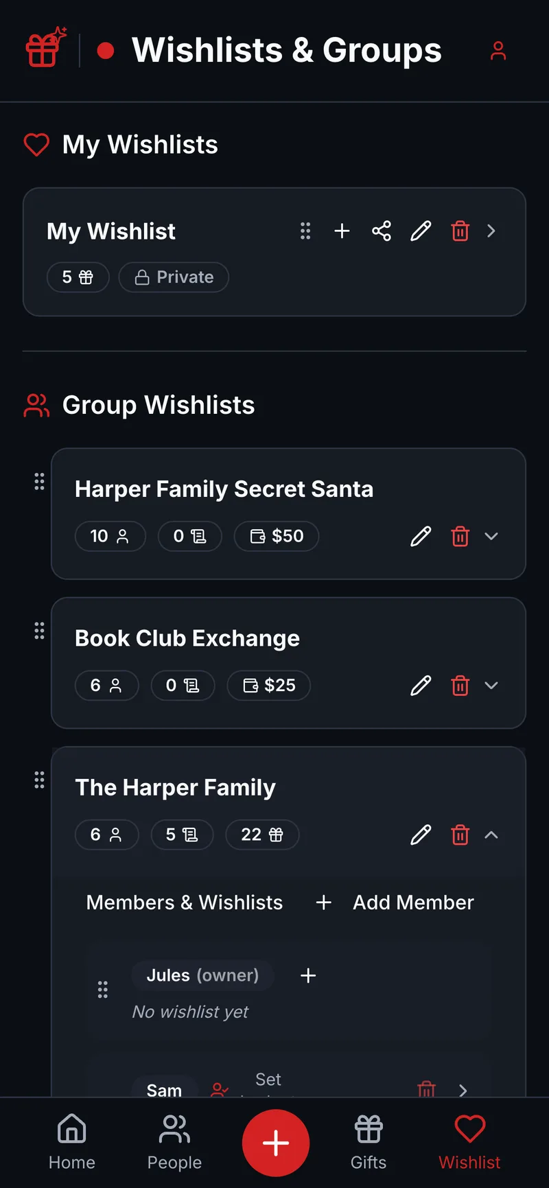 A Wishpile family group with every member's wishlist in one shared place